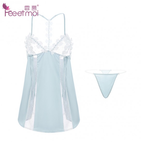 FEE ET MOI Sexy Silk Suspender Sleepwear Dress (Light Blue)